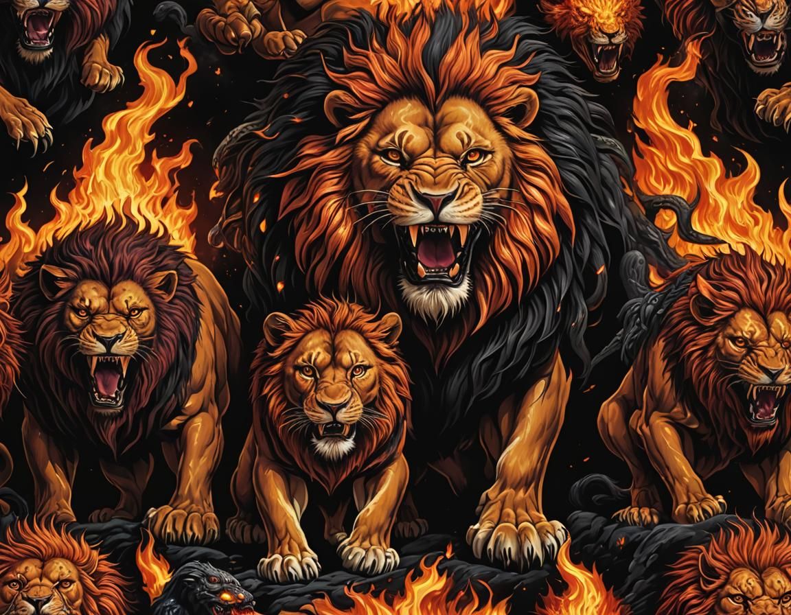Lion Surrounded by Fire Monsters on Black Background