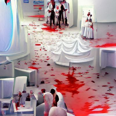 Surreal Wedding Scene in White Room with Blood