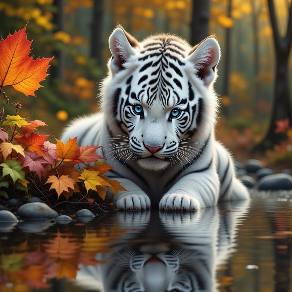 White Siberian Tiger Cub in Autumn Jungle