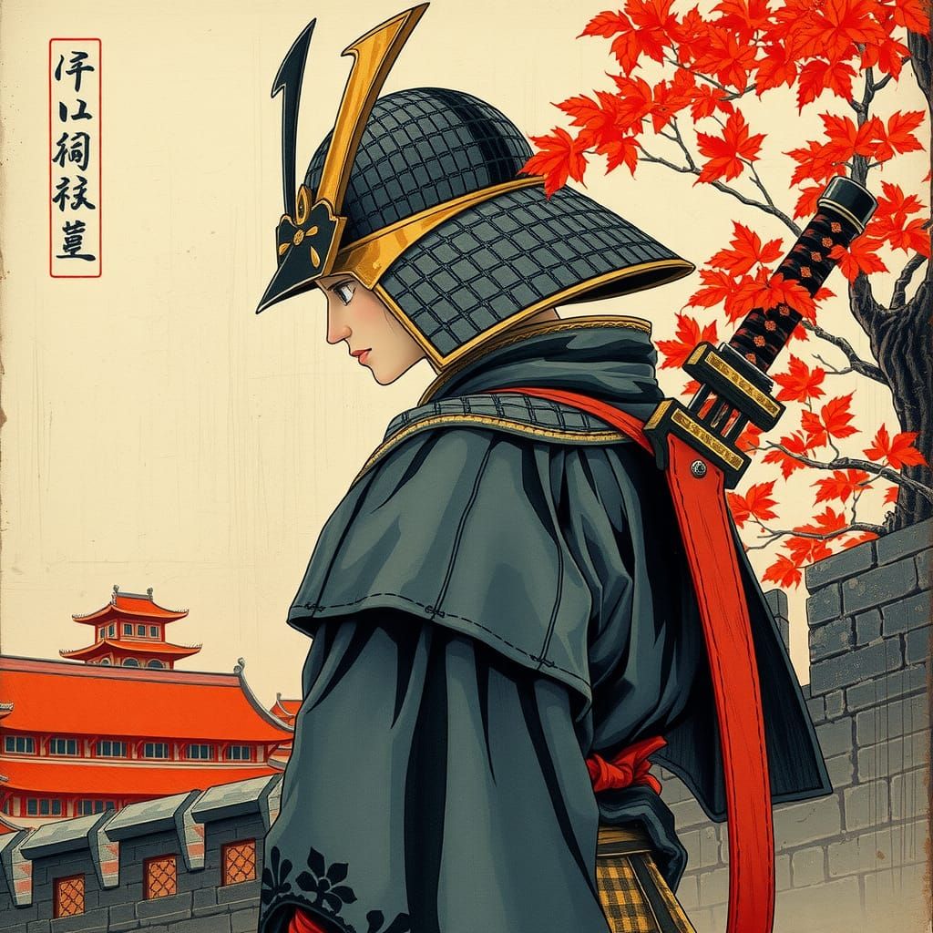 Samurai Warrior in Autumnal Ukiyo-e Style