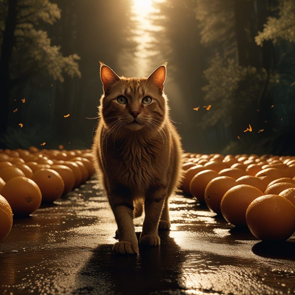 Golden Cat Leaps Through a Cascade of Oranges in Cinematic S...