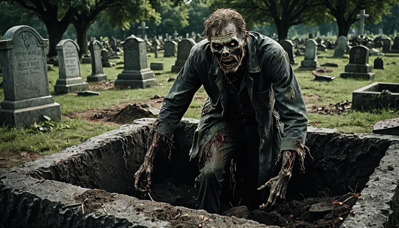 Rotting Zombie Emerges From Grave in Dark Graveyard