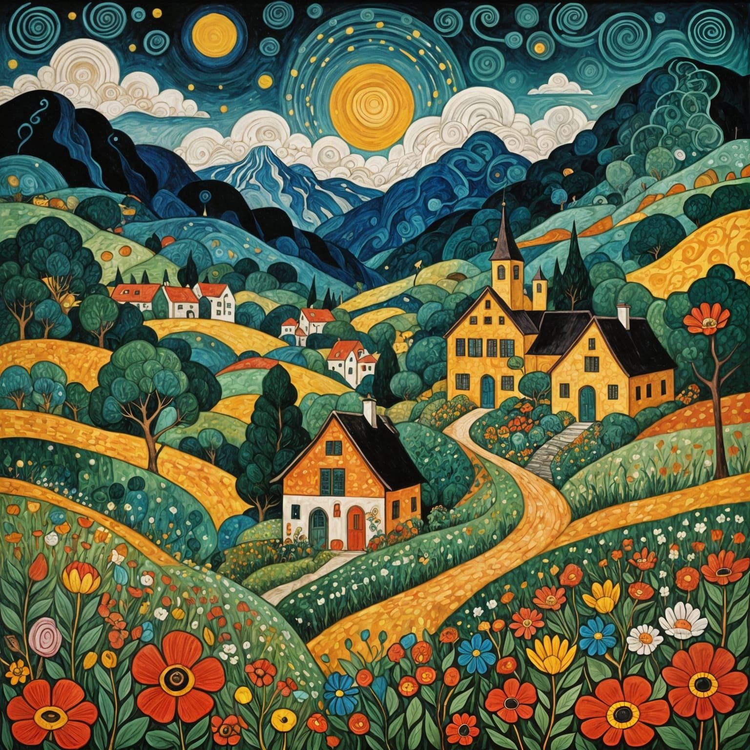 Dreamlike Village in Art Nouveau Style