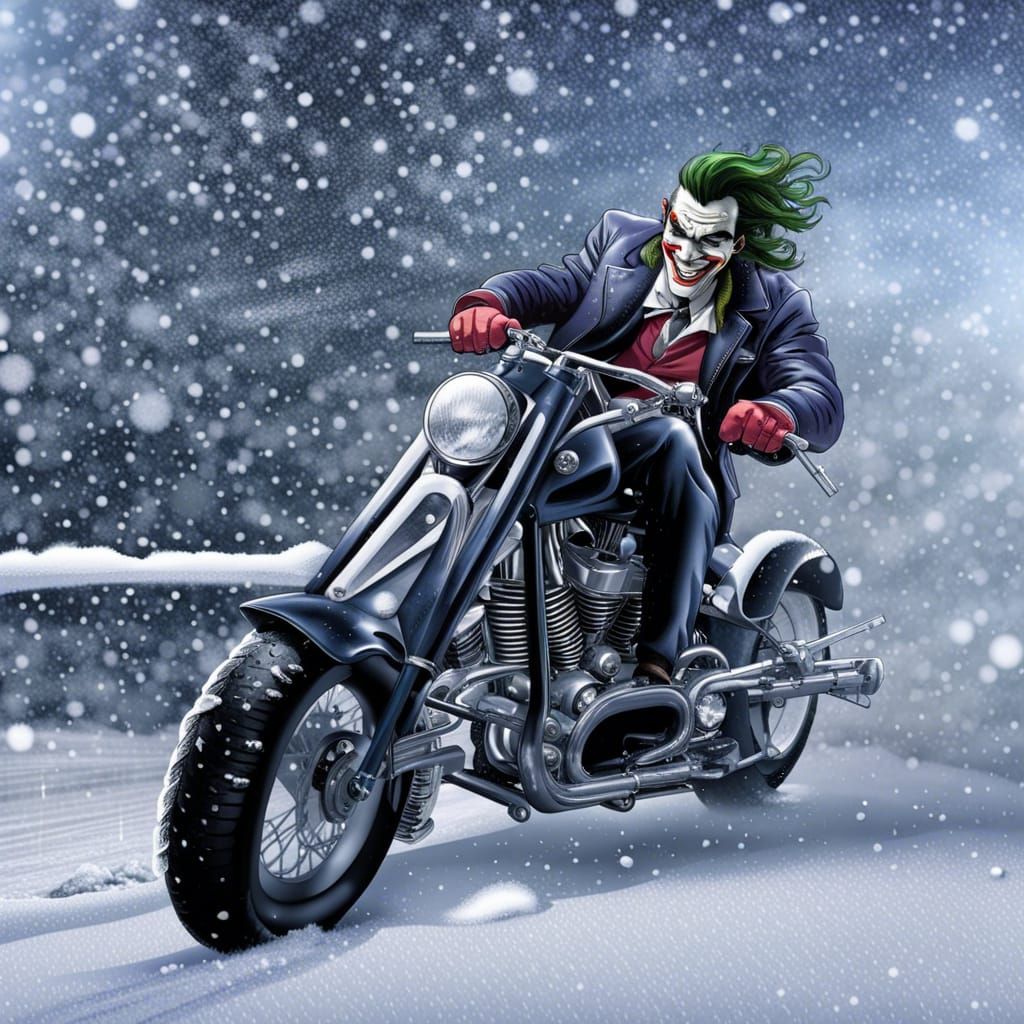 Joker Rides Chopper Motorcycle in Snow