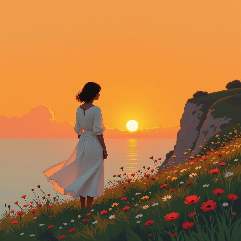 Dreamy Lady on Flower Cliff in Orange Sky