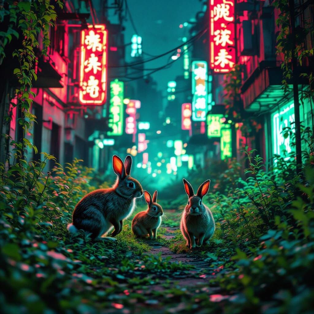 Rabbits In Overgrown Neon City