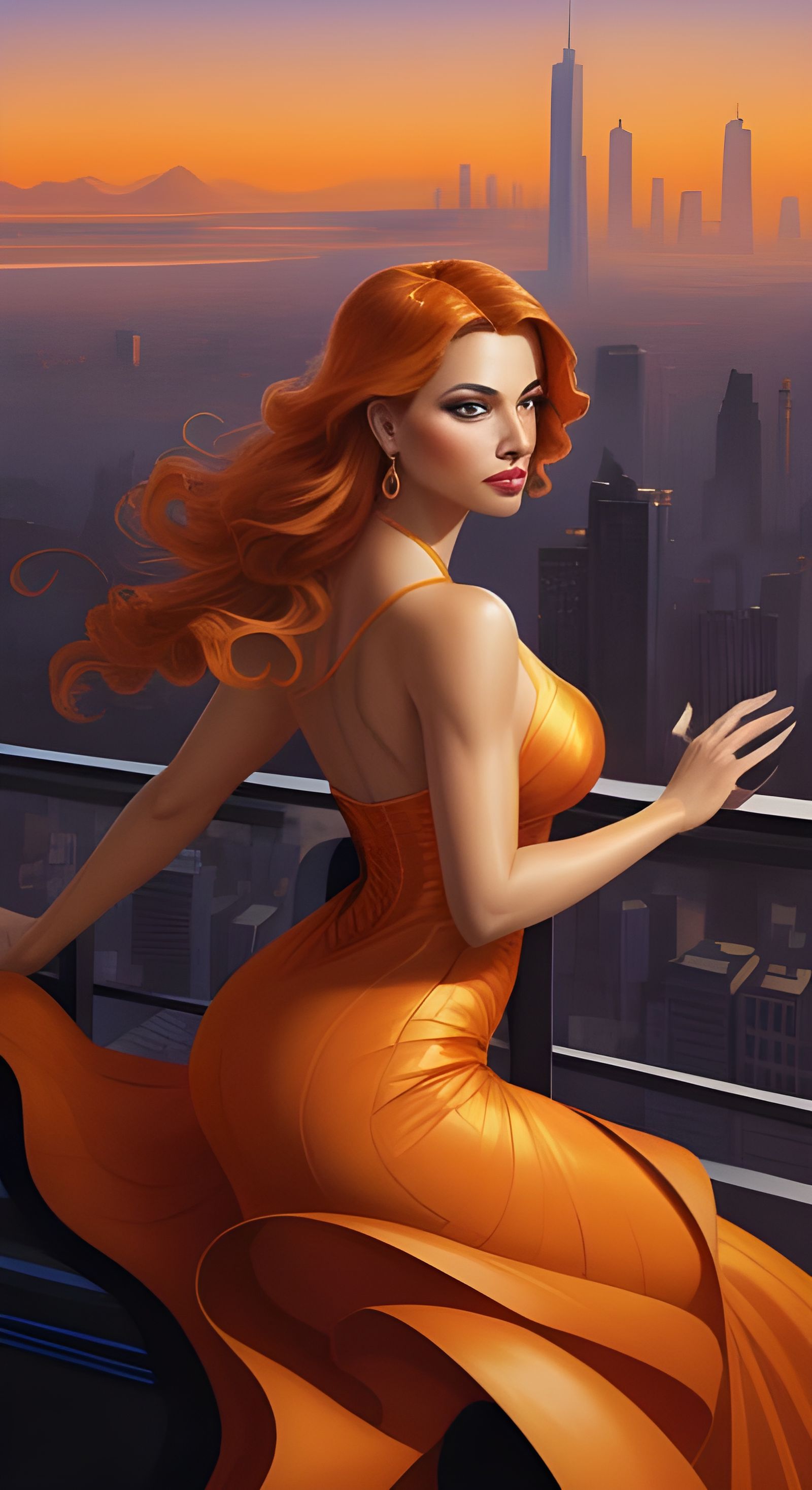 Woman in Vibrant Orange Dress Against Cityscape