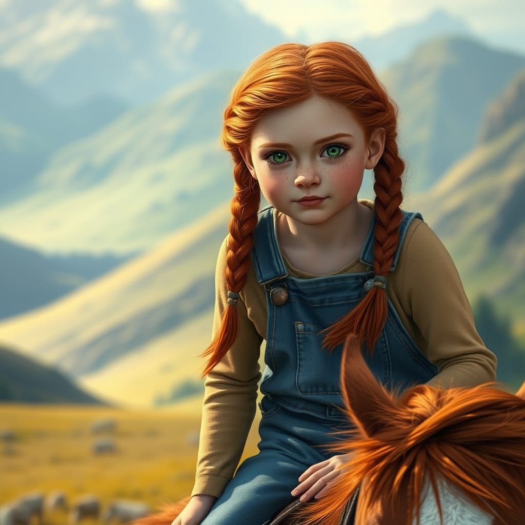 Red-Haired Girl on Mustang in Dreamy Landscape