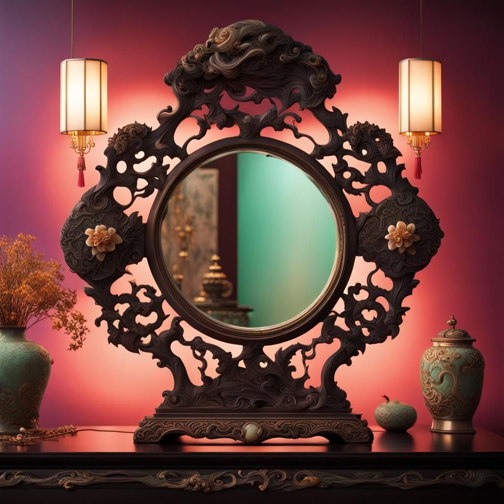 Jade Mirror Vanity with Japanese Carvings