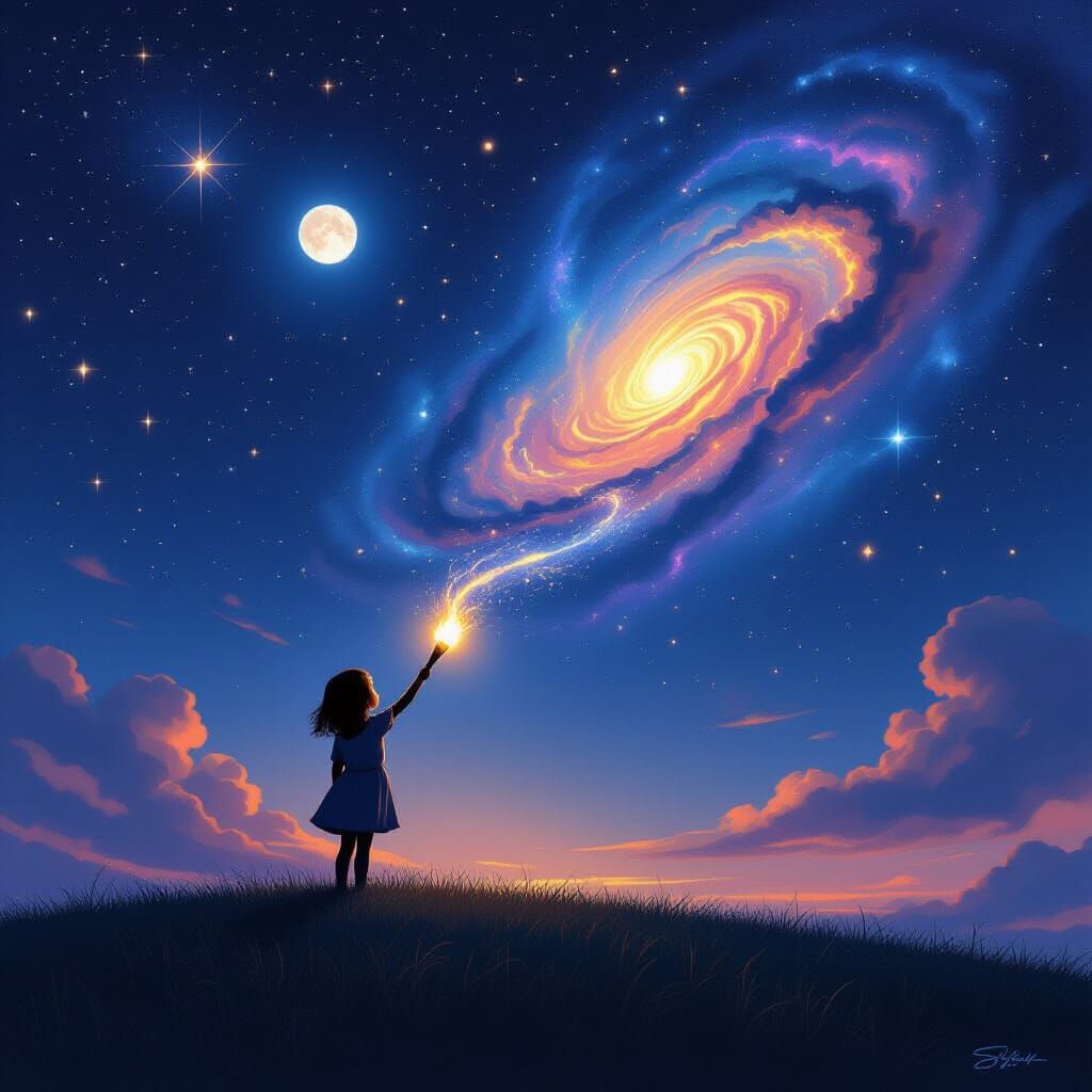 Magical Night: Girl Paints the Cosmos