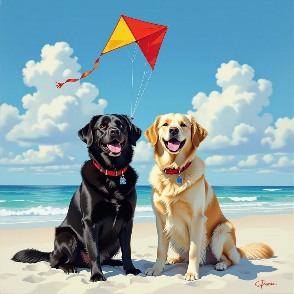 Labrador and Retriever Fly Kite on White Sand Beach
