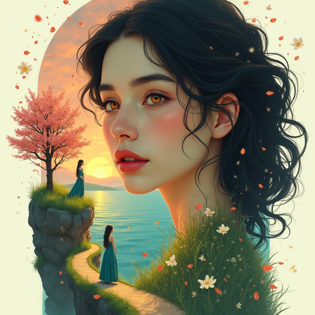 Woman Merged With Serene Landscape in Ethereal Style