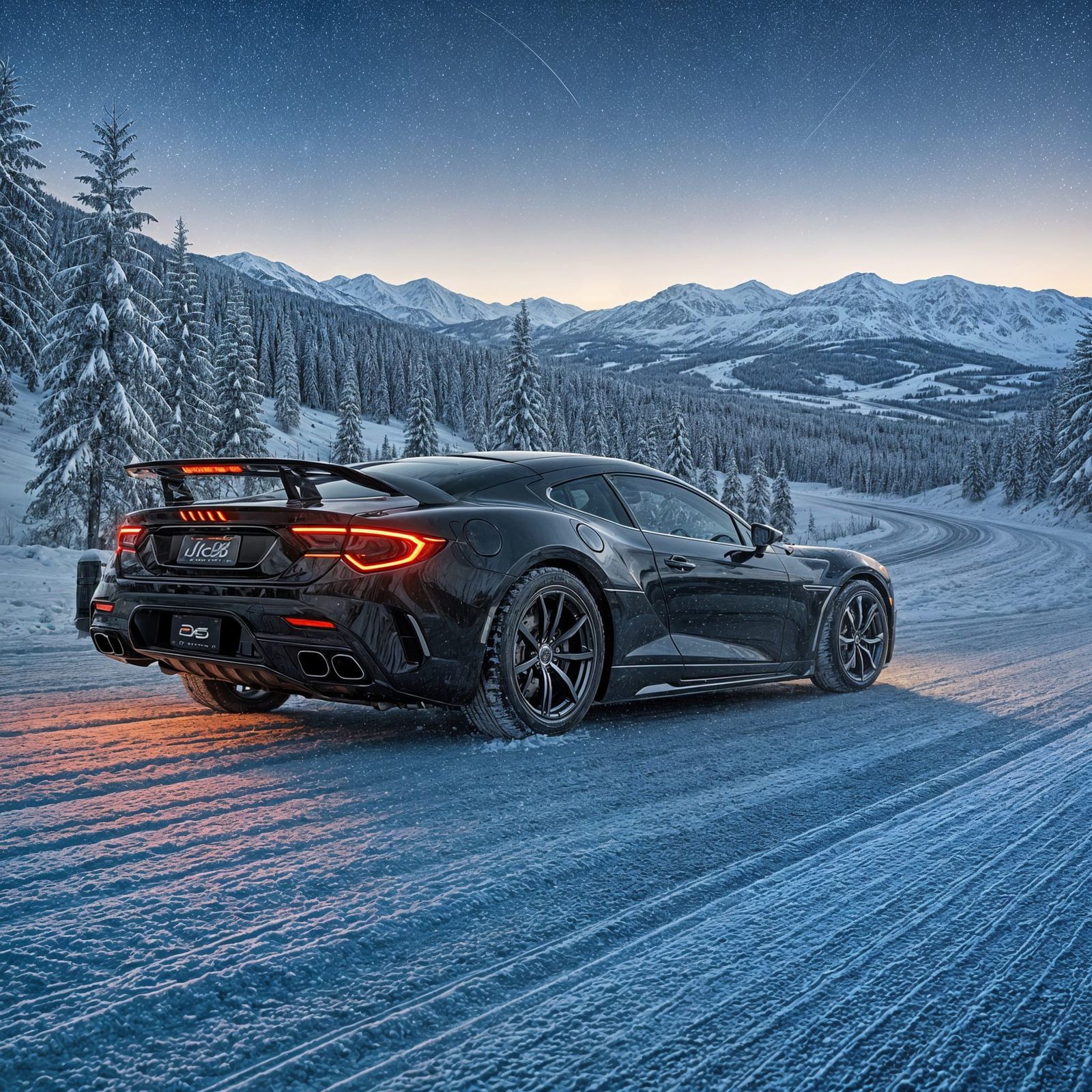 Futuristic Car on Snowy Road Under Starry Night
