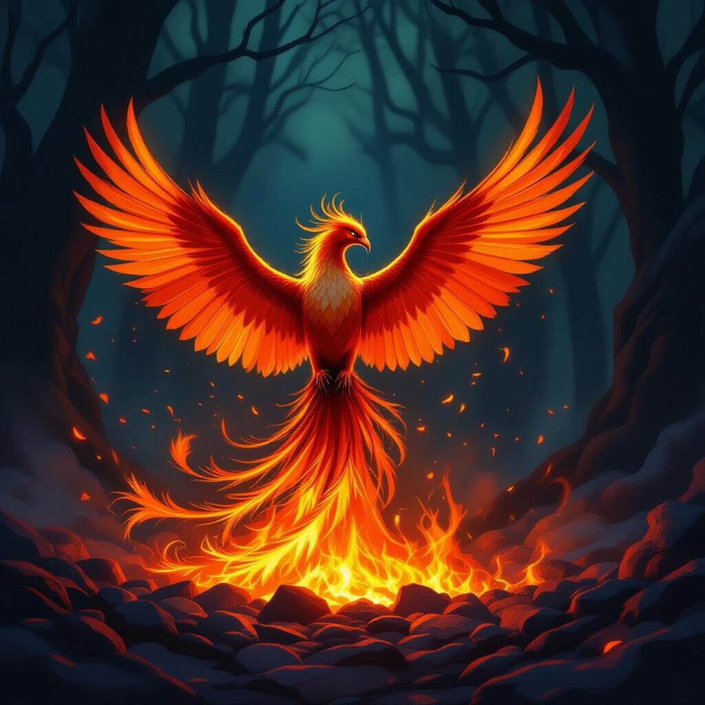 Majestic Phoenix Rises from Fiery Embers in Dark Forest
