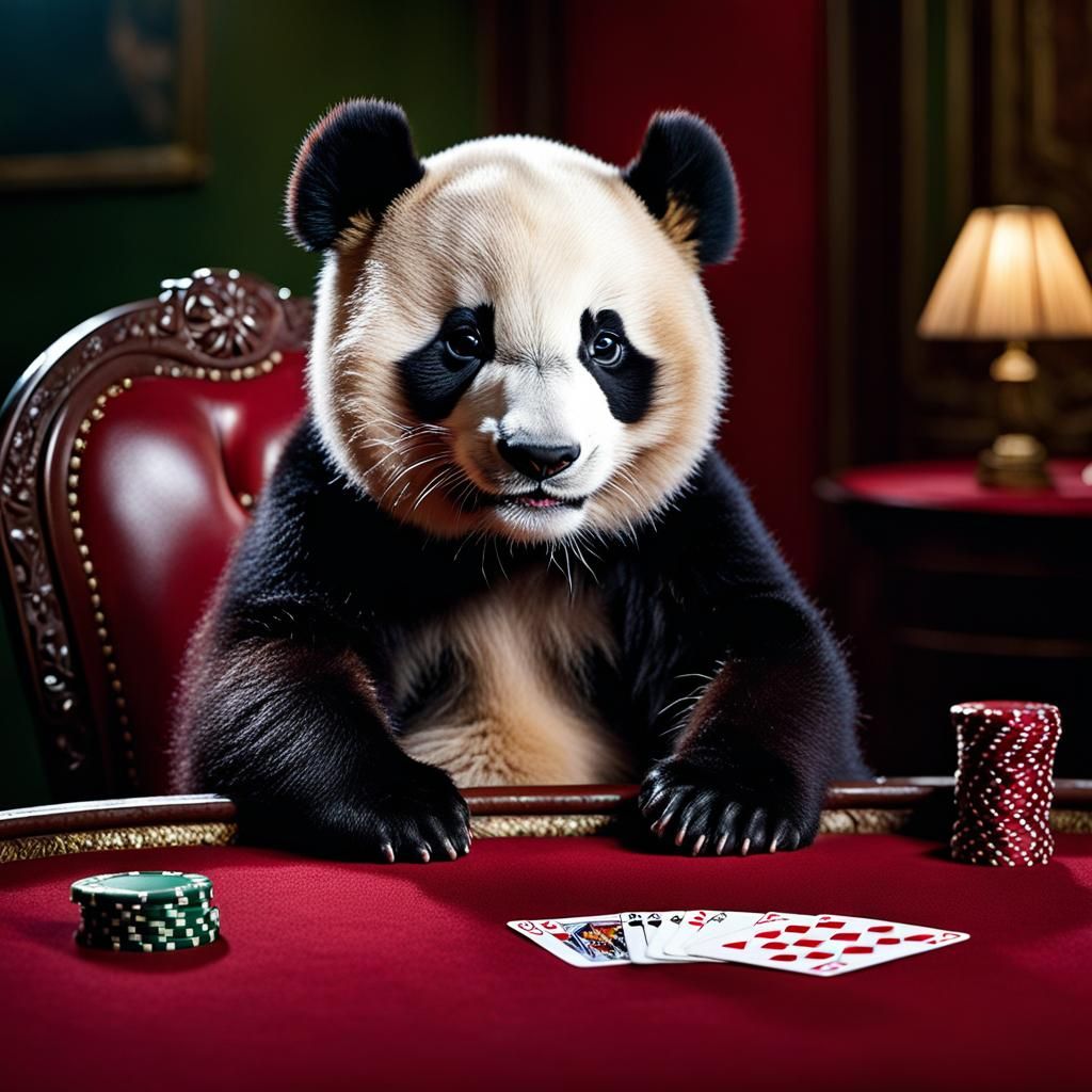 Baby Panda at Poker Game, Realistic Masterpiece