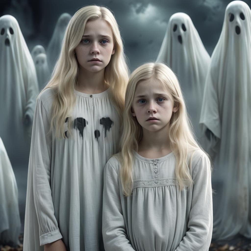 Photorealistic Image of Children with Ghostly Parents