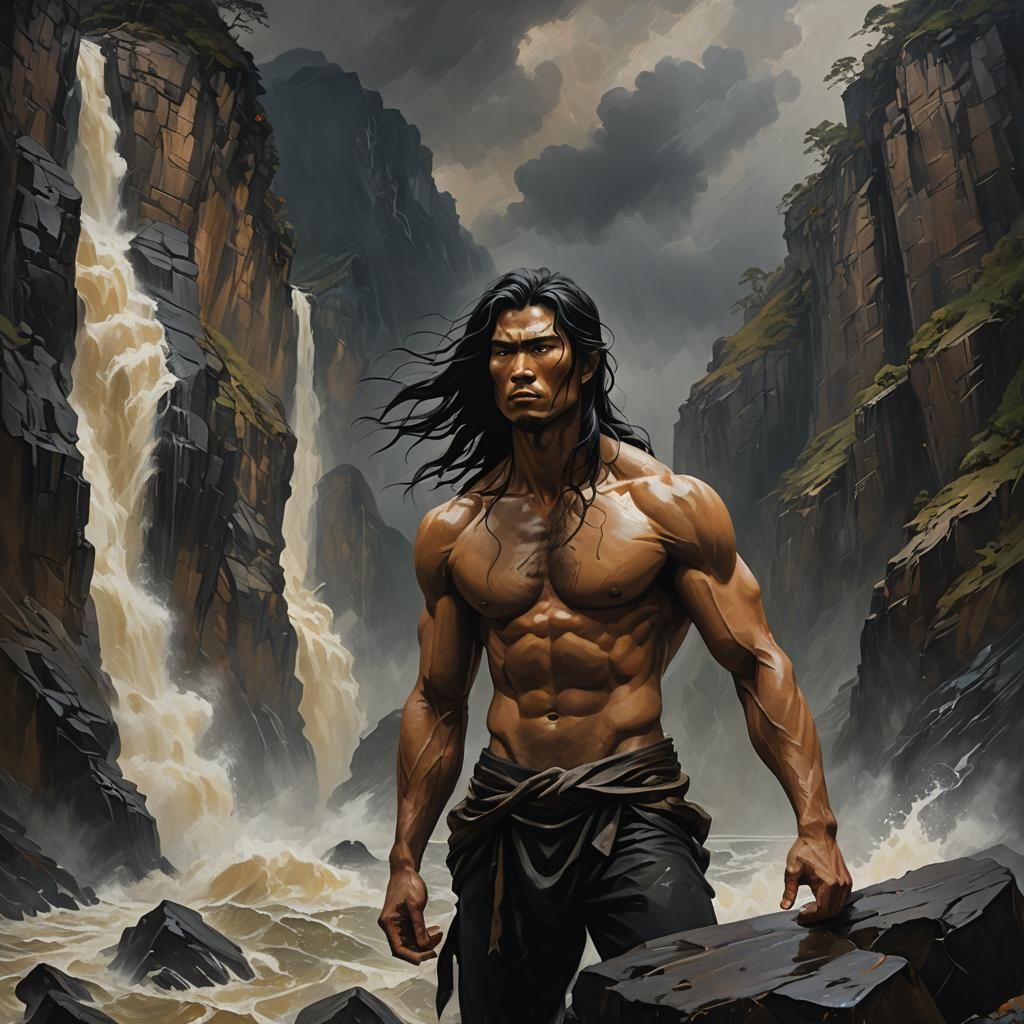 Gonggong on Stormy Cliffside as Oil Painting