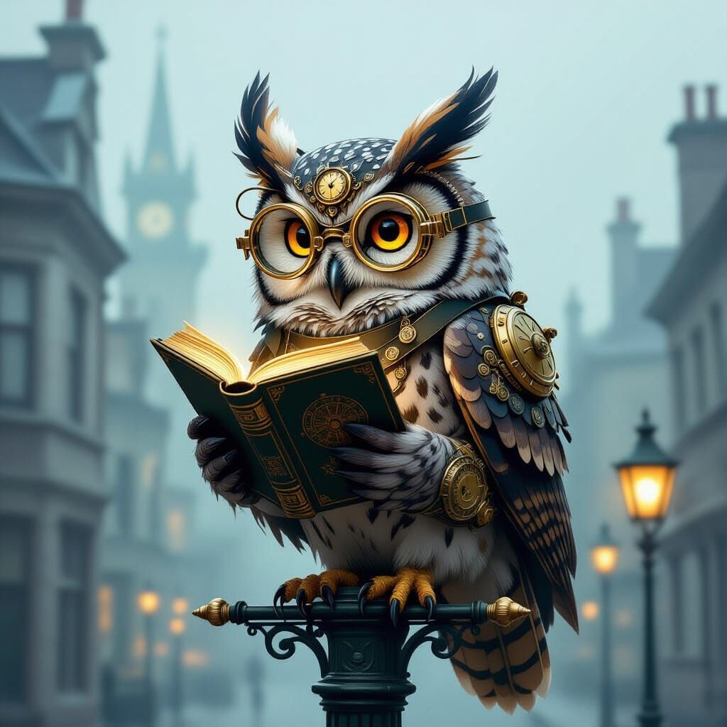 Steampunk Owl Reading Ancient Tome in Foggy City