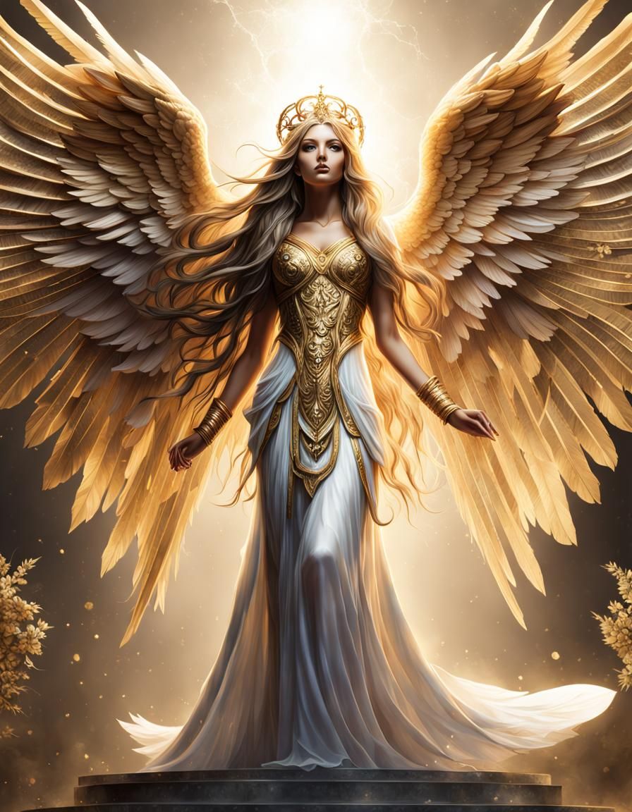 Beautiful Winged Goddess Portrait in Gold and White