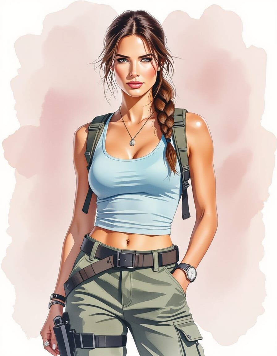 Lara Croft: Sophisticated Watercolor Fashion Illustration