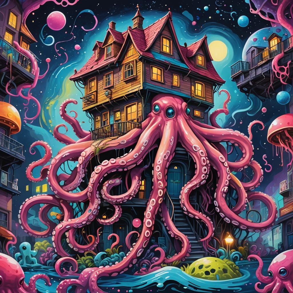 Octopus House Floating in Starry Space: Street Art