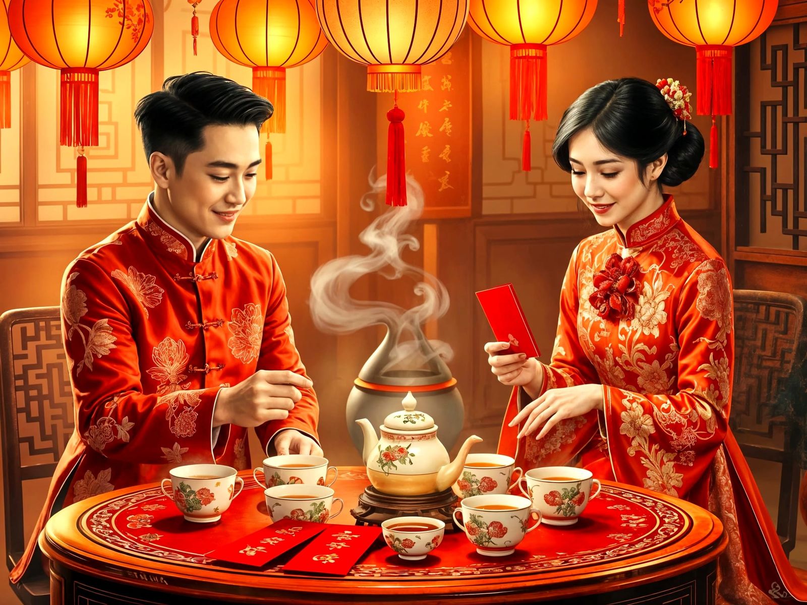 Traditional Chinese Tea Ceremony with Red Envelope Gifts