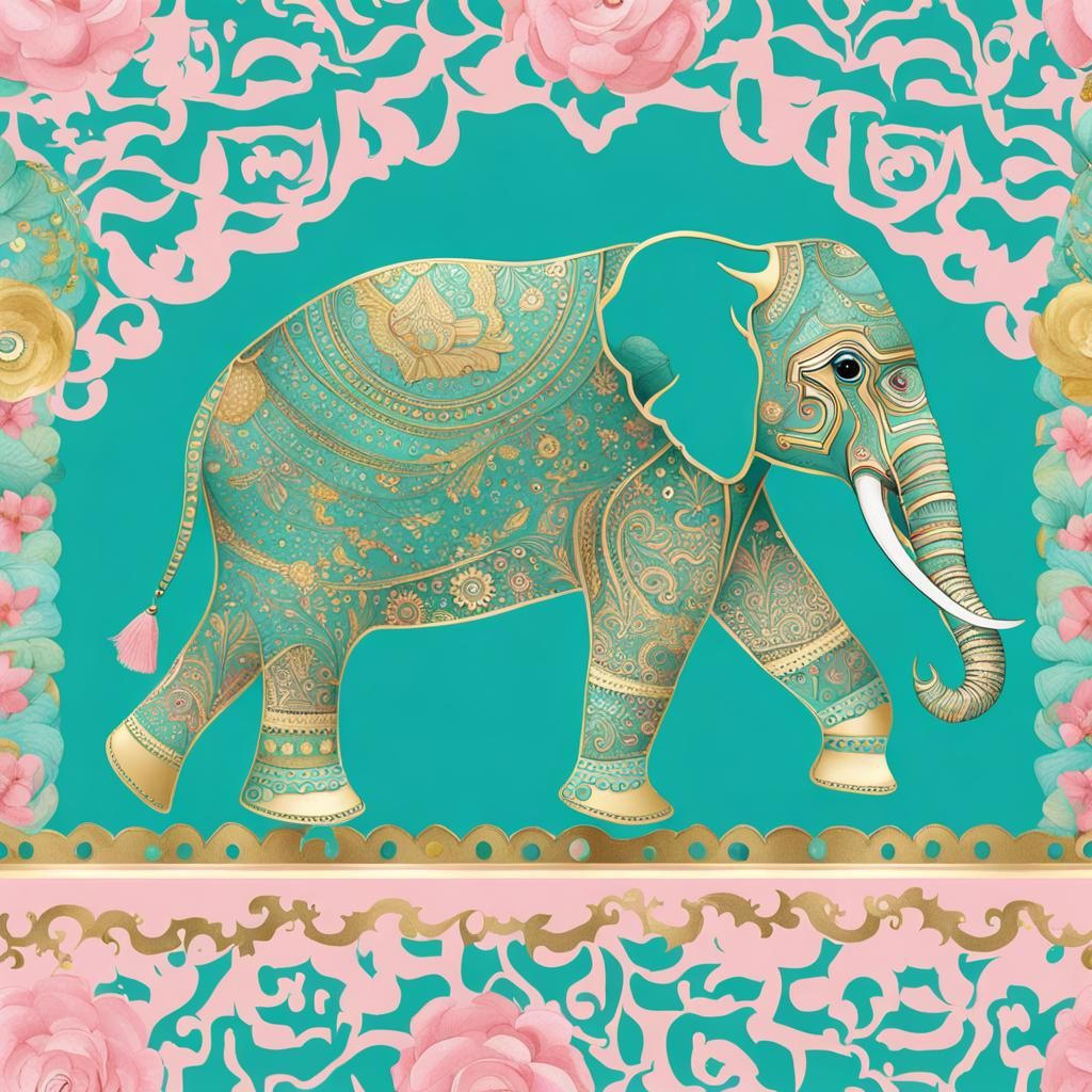 Colorful Elephant Art in Turquoise and Gold