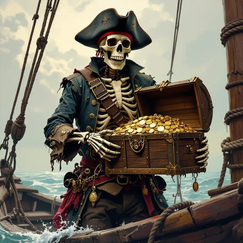 Pirate Skeleton with Treasure Chest on Boat
