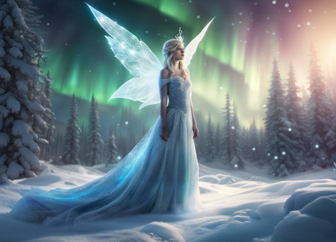 Snow fairy in diamond icy landscape