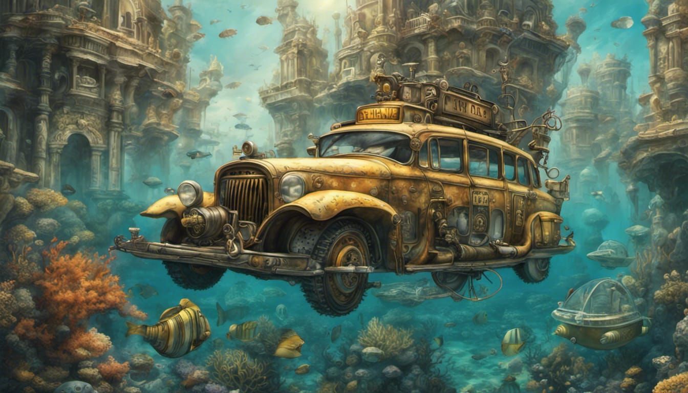 Steampunk Submarine Taxi in Ancient Underwater City