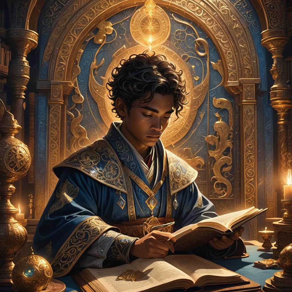 Student Studies Glowing Textbook in Fantasy Art