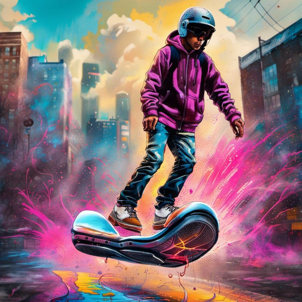 Teenager on Hoverboard in Graffiti Art Style