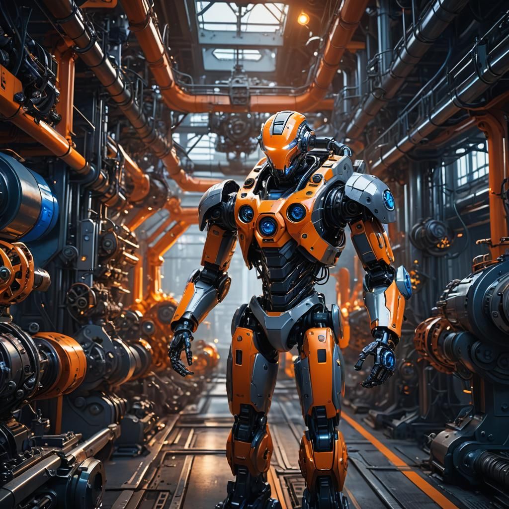 Sci-Fi Robot in Engineering Landscape with Neon Accents