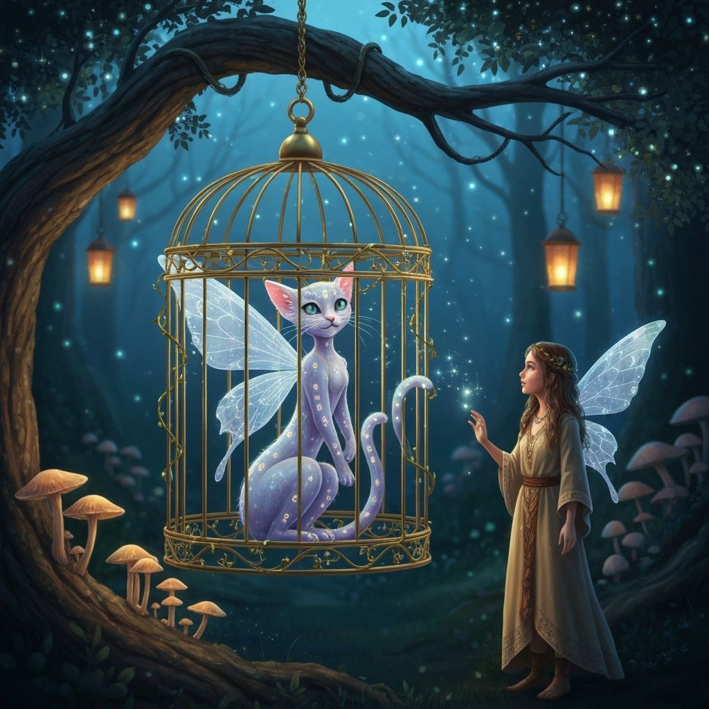 Enchanted Cat Fairy in Ornate Birdcage in Twinkling Forest