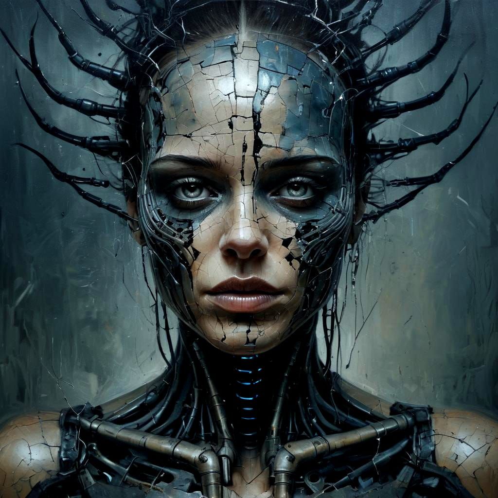 Shattered Robotic Woman Consumed by Love