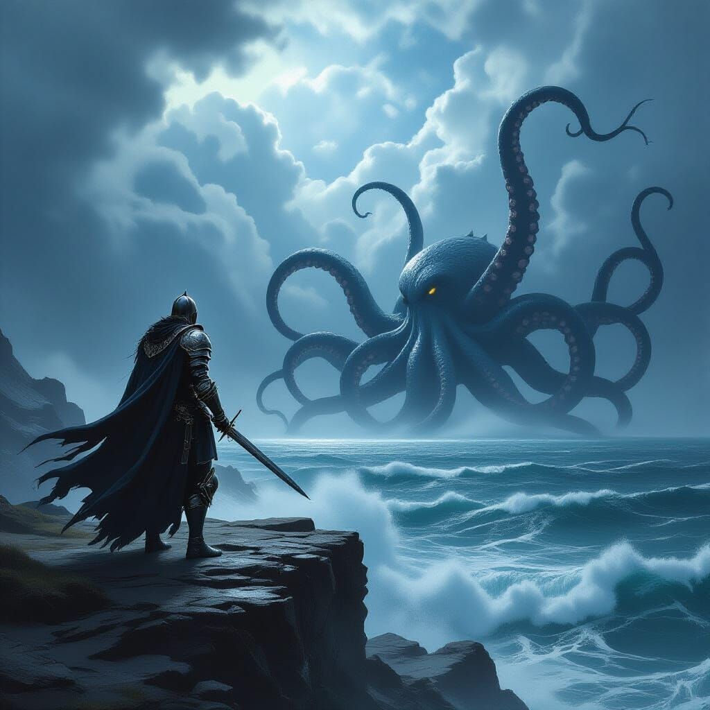 Knight Confronts Colossal Kraken on Stormy Cliff