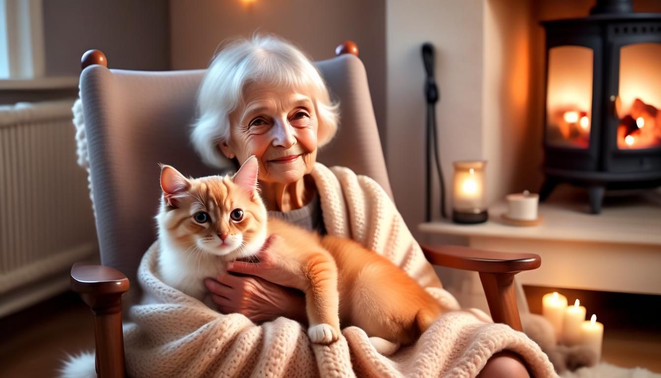 Grandmother and Cat by Fireplace in Watercolour