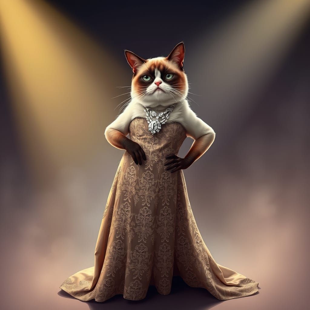 Elegant Grumpy Cat in Art Nouveau Gown