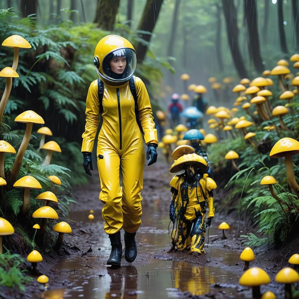 Woman in Spacesuit Among Giant Mushrooms