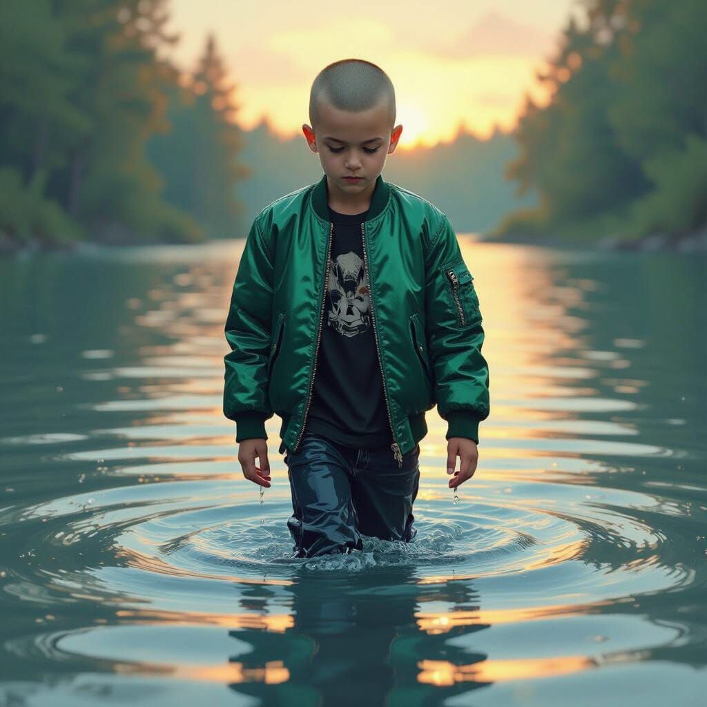 Punk Boy in Emerald Jacket Walks into Lake