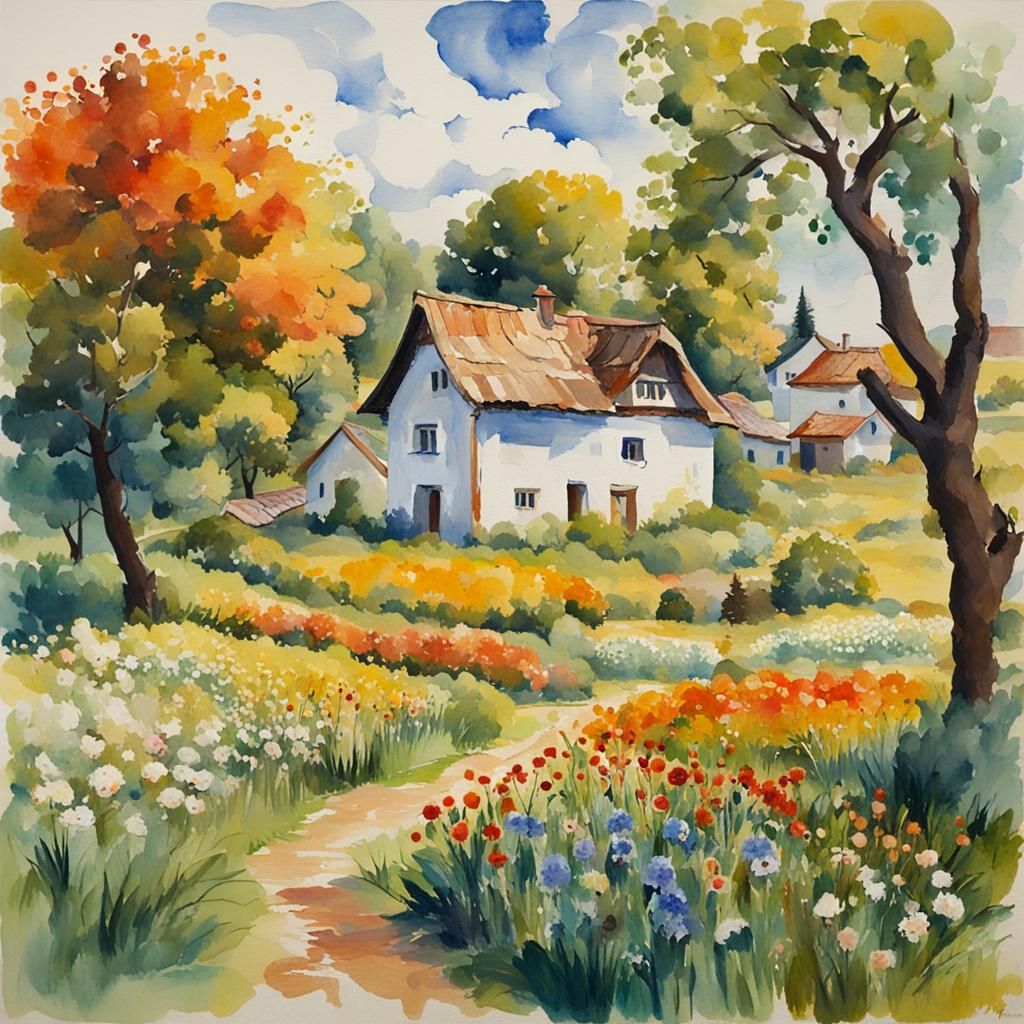 Charming Village Scene in Watercolor Gouache Style