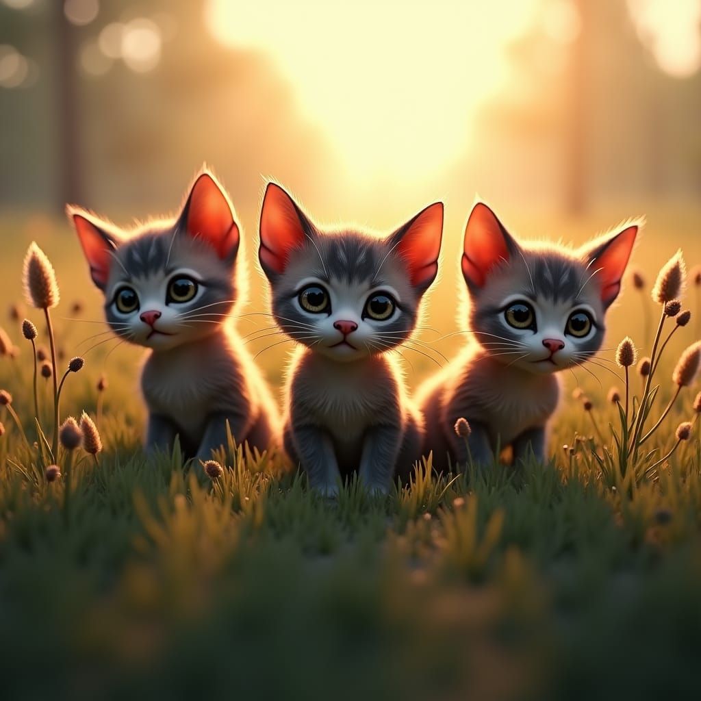 Three adorable, big-eyed kittens with darker fluffy fur and twitching ears peeking their heads through tall, swaying gra...