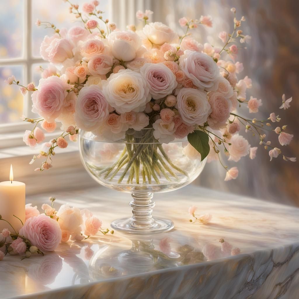 Ethereal Flowers in Glass Vase, Soft Focus Oil Painting