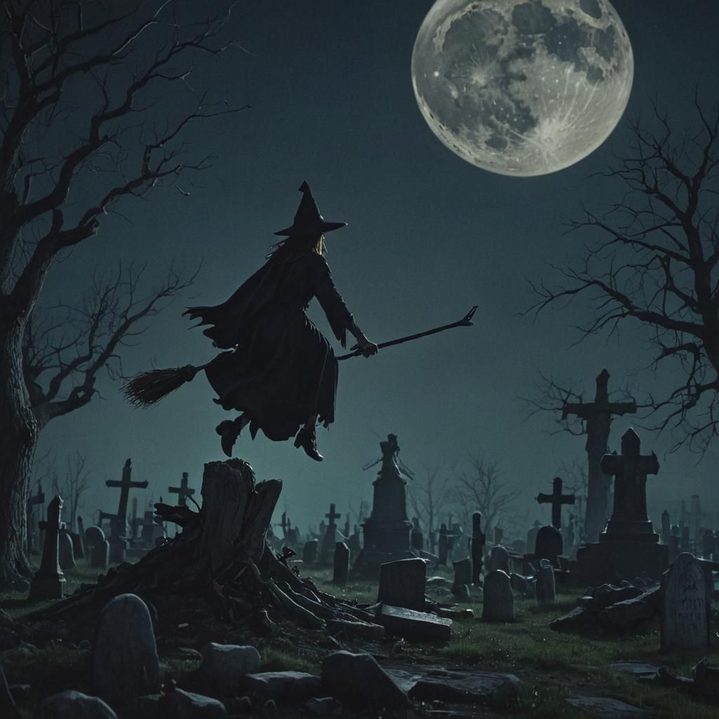 Witch Flying Over Graveyard in Moonlight