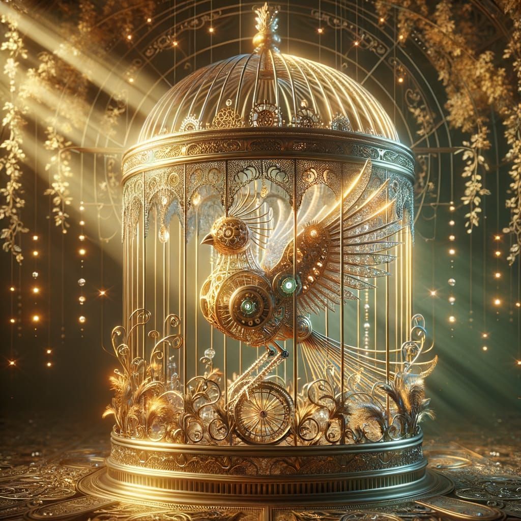 Ornate Gilded Birdcage with Mechanical Bird