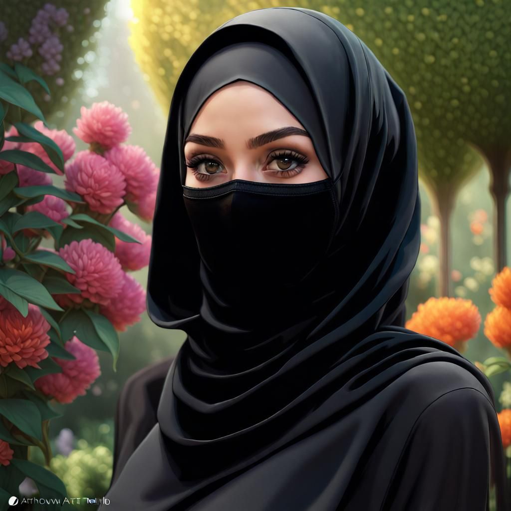 Woman in Hijab in a Hyperdetailed Garden Portrait
