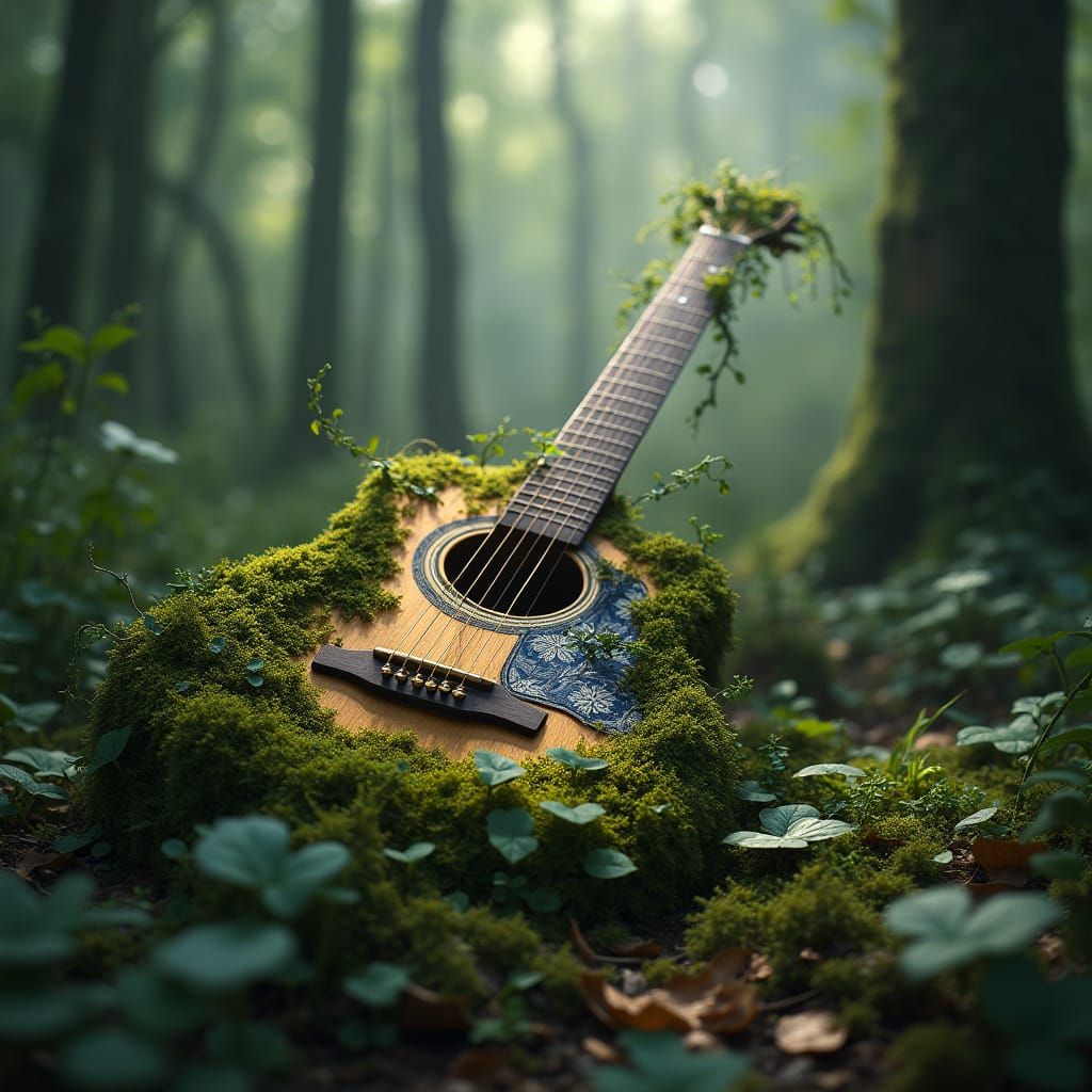 Moss-Covered Guitar Emerges from Forest Floor
