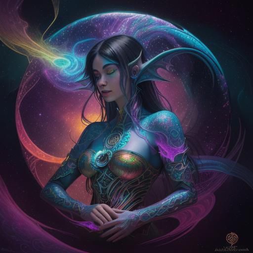 Holographic Dragon Lady in Astral Mixed Media