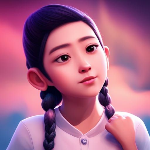 Pixar-Style Asian Girl with Pink Pigtails