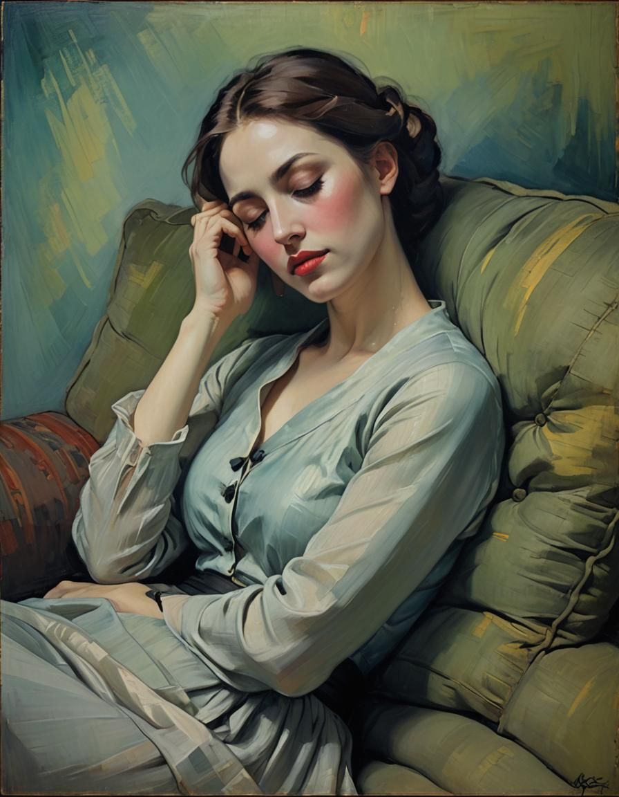 Sensual Painting of Woman Resting on Sofa